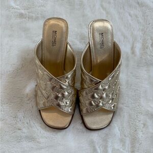 MICHAEL KORS Gold Quilted Slide Block Heel Sandals Mules 8